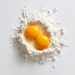 Fresh raw eggs with bright yellow yolks and white flour are essential healthy cooking ingredients for baking a protein-rich breakfast meal isolated on a clean kitchen plate