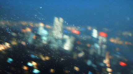 Abstract city lights through rain-covered window at night, featuring bokeh and motion blur with dreamy atmosphere.