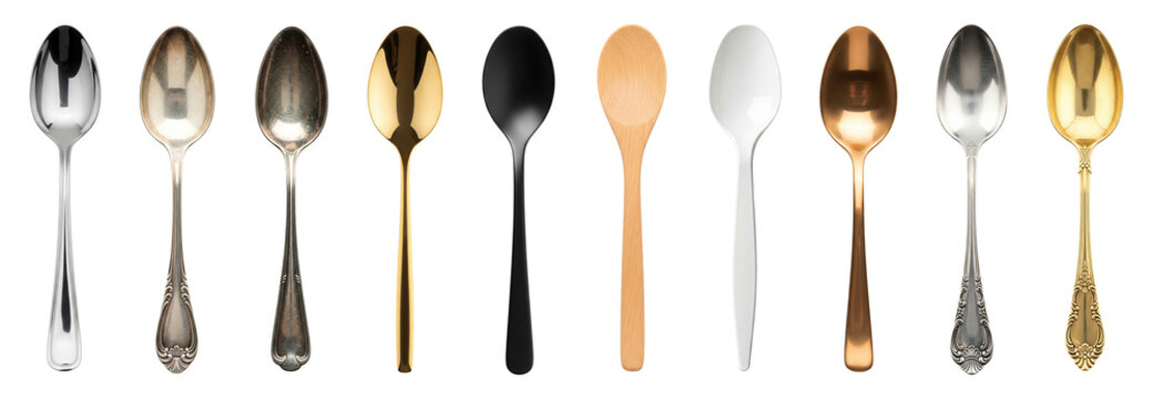 Set of spoons on a transparent background - silver, gold, bronze, steel, wooden, png