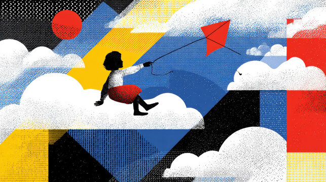 Woman flying a kite against a vibrant collage sky