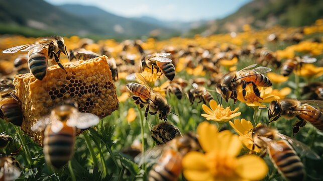 Busy bees on honeycomb in floral field