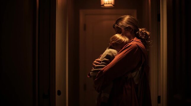 Mother carrying her sleeping child through a dark hallway, softly lit by a warm lamp. Intimate nighttime scene capturing parental care, tenderness, and quiet family routine.
