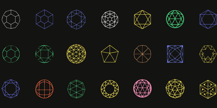 A collection of brightly colored geometric wireframe shapes on a black background