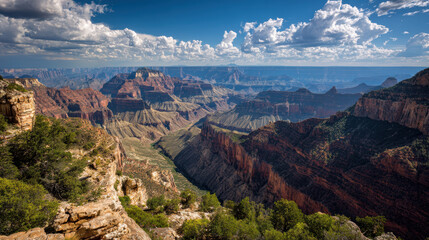 Grand Canyon landscape with layered rock formations under a bright sky