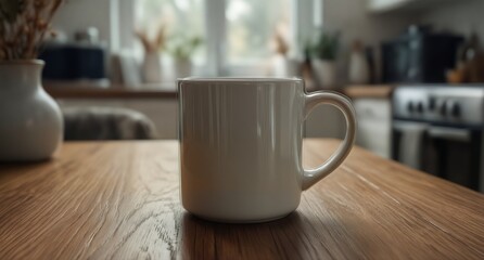 Fototapeta premium empty white ceramic mug on a wooden table in a bright home kitchen with blurred background.