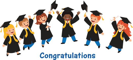 Happy cartoon kids graduation ceremony, children in caps and gowns celebrating success, vector illustration, school achievement, congratulations banner design