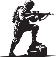 Soldier kneeling with rifle a black and white illustration emphasizing tactical gear