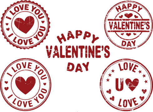 Four circular grunge style rubber stamps with hearts and text for Valentines Day