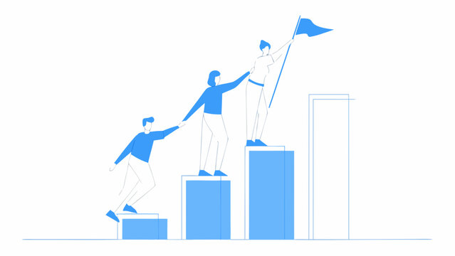 Teamwork and success people climbing steps towards a waving flag