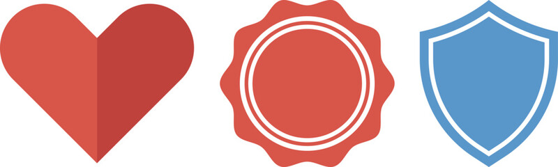 Colorful Badge and Symbol Shapes Vector Set &ndash; Heart, Shield, Seal Icons ,Red Heart, Label Badge and Blue Shield