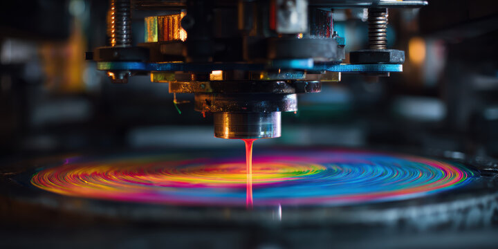 Industrial laser cutting a circular metal sheet with colorful light trails