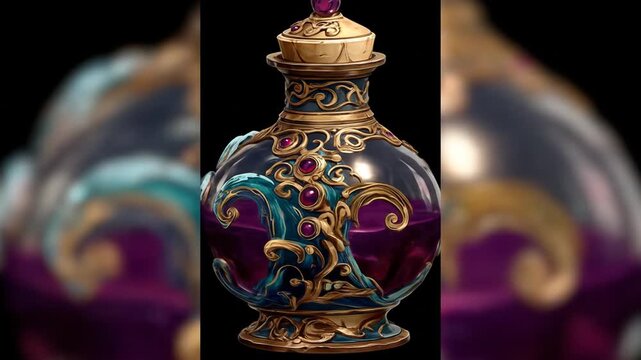 Ornate potion bottle with a cork and gems isolated on a black background