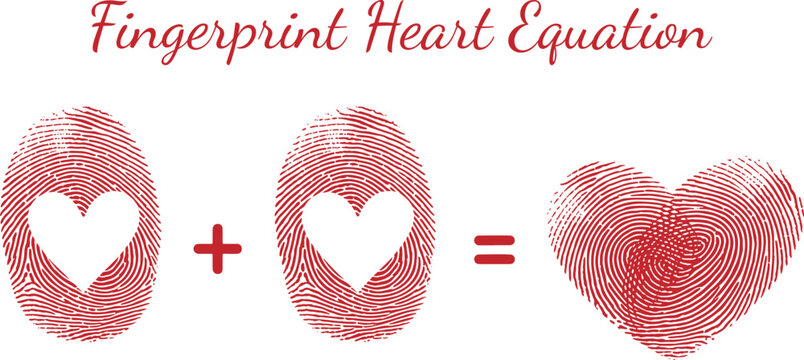 A unique visual equation shows two fingerprint ovals combining to form a large red fingerprint heart