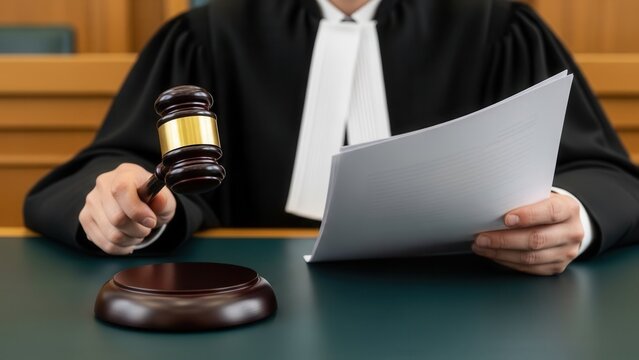 Female judge in judicial robe holding wooden gavel while reading legal document in courtroom. Court ruling, official trial, law authority, litigation process and justice administration.