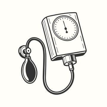 Monochrome aneroid sphygmomanometer shows a reading in a sketch drawing style against plain background