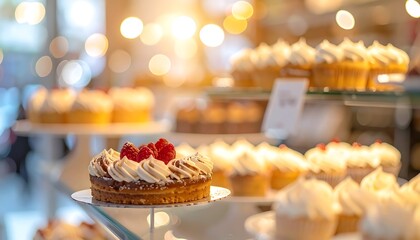 blur bakcground a Delicious homemade chocolate wedding cake with fresh cream and candles served as a tasty sweet dessert on a white bakery plate