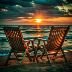 wooden beach chairs and table on sandy shore facing ocean during sunset with golden sky and waves