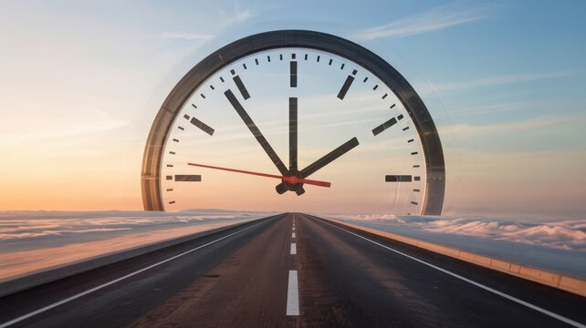 Large analog clock on a roadway pointing to sunset with dramatic cloud formations in the sky.