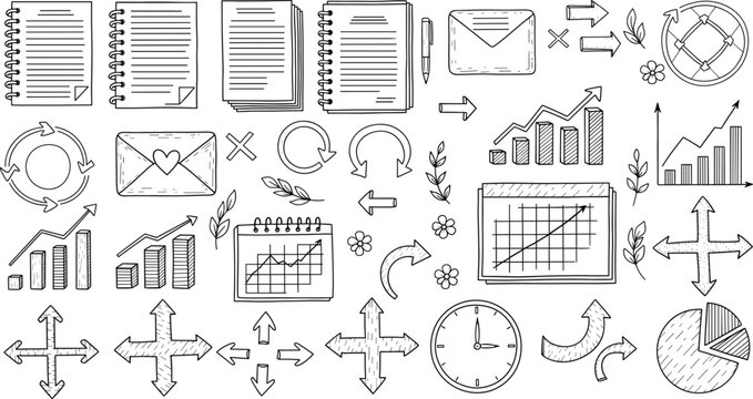 Hand drawn business and productivity icon set with charts arrows notebooks envelopes clocks and planning symbols