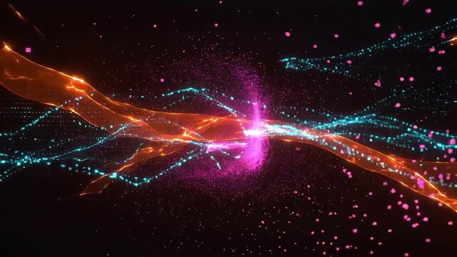 Abstract glitch cyberpunk background with orange red blue colors, digital distortion, holographic light streaks, seamless loop, cinematic futuristic 4K animation