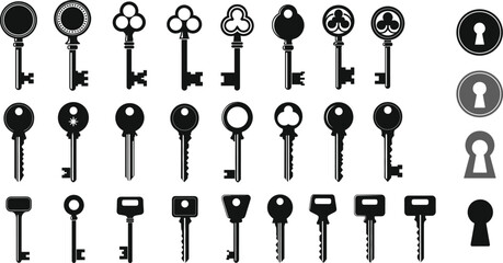 Skeleton key silhouette icon set with antique and modern shapes for security locks mystery and vintage designs
