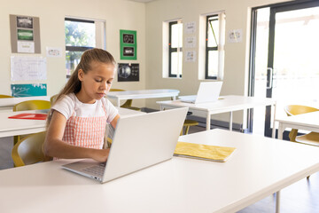 Preteen girl sitting at school desk wearing pink pinafore working on silver laptop and yellow file