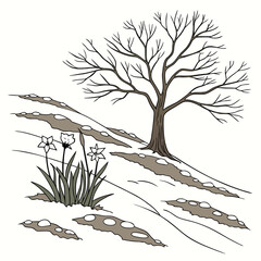 Obraz premium Winter landscape with bare tree and blooming flowers