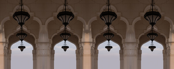 Fototapeta premium Eastern architecture, ancient-style buildings, domes and round roofs, arches and columns. On the streets of the Emirates, in public places.