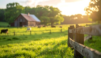 blur background A cow grazes in a lush green meadow under a blue sky with clouds at sunset near a rustic farm fence in the rural countryside landscape