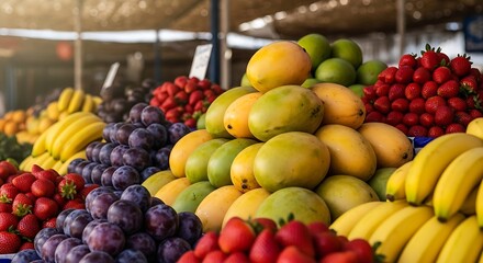 Abundant fresh fruit stall with ripe mangoes, bananas, strawberries, plums, and grapes, showcasing a vibrant and healthy marketplace display.