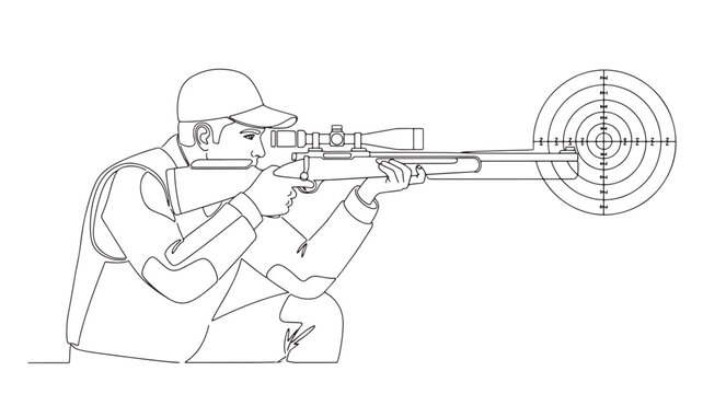 A detailed line drawing depicts a marksman aiming a scoped rifle at a target for precision shooting