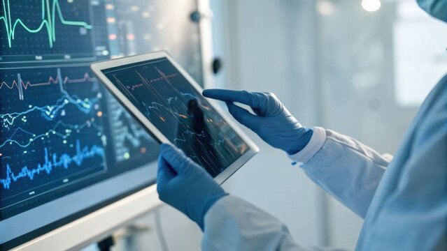 A healthcare professional interacts with a tablet displaying medical data and graphs, wearing gloves in a modern clinical environment.
