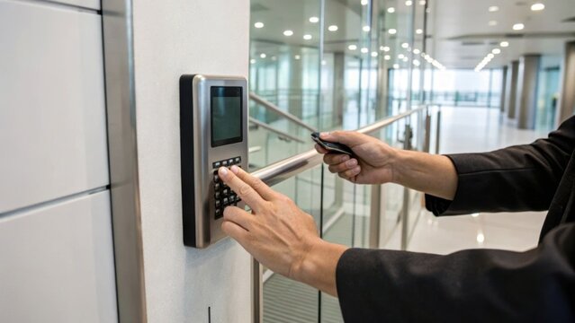 A person using a keypad access control system in a modern office environment.