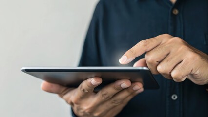 A person using a tablet with a focused gesture, emphasizing technology and digital interaction in a modern setting.