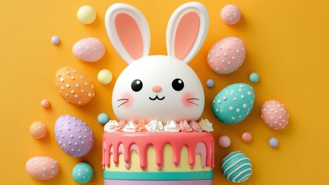White easter bunny cake decorating with pastel colored eggs on an orange background