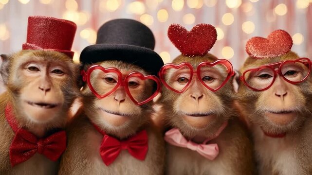 Four monkeys in bow ties, hats, and heart-shaped glasses celebrating valentine's day