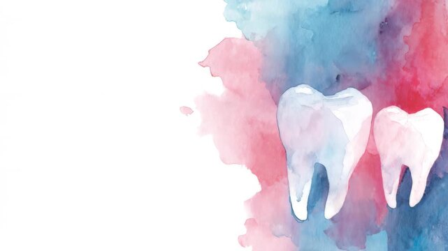 Teeth painted with watercolors on a pink and blue background for dentistry and oral hygiene, copy space