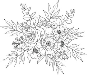 Hand drawn horizontal botanical bouquet vector illustration featuring roses anemones and eucalyptus for elegant wedding header designs.