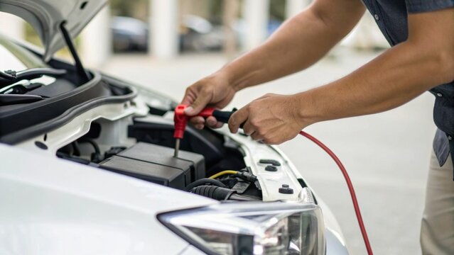 A person is using jumper cables to connect a car battery under the hood of a vehicle.