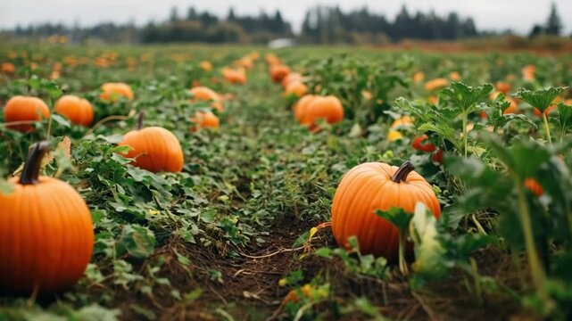 Pumpkins lay in rows across a large agricultural field during autumn harvest
