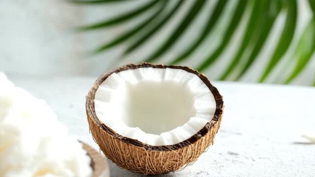 Coconut oil in a bowl, with a whole and a halved coconut on a light background