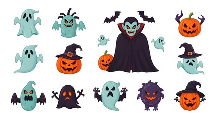 Halloween Funny Monster Icons &ndash; Ghosts, Vampires, Witches, Cartoon Vector Set