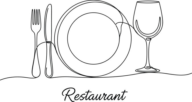 Restaurant table setting illustration with plate fork knife and wine glass for menu logo hospitality branding designs