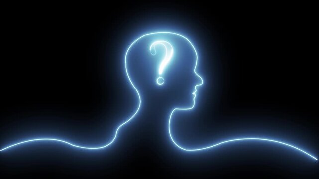Human head with question mark icon isolated on black background. 4K Video motion graphic animation.