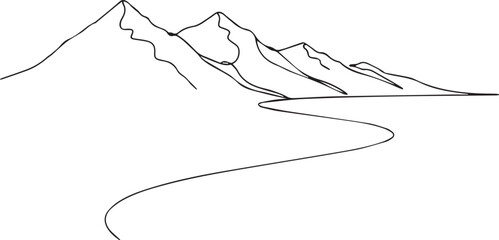 Fototapeta premium Minimalist line drawing depicts a mountain range with a winding river