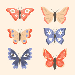 Butterflies collection. Set of cartoon beautiful insects. Cute vector illustrations on beige background. 