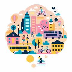 Obraz premium Colorful city illustration featuring buildings parks bicycles and people