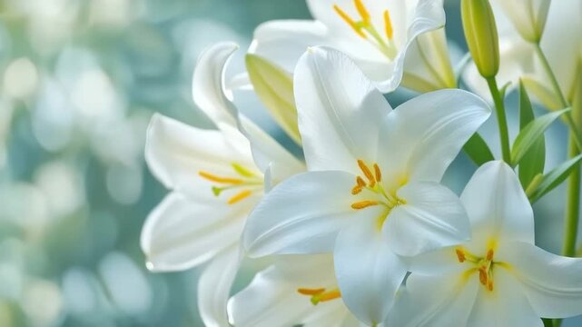 White lily flowers showing purity and freshness with a gentle bokeh background