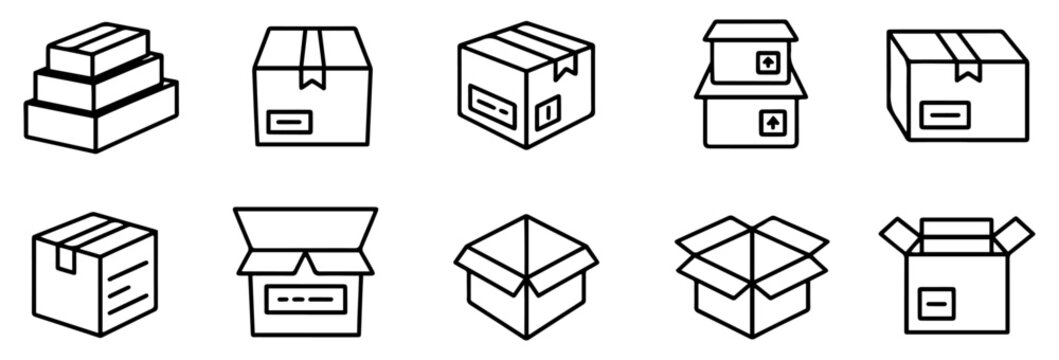 parcel carton box outline icon set