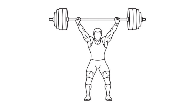 A simple line drawing depicts a muscular person performing an overhead press with a barbell high quality